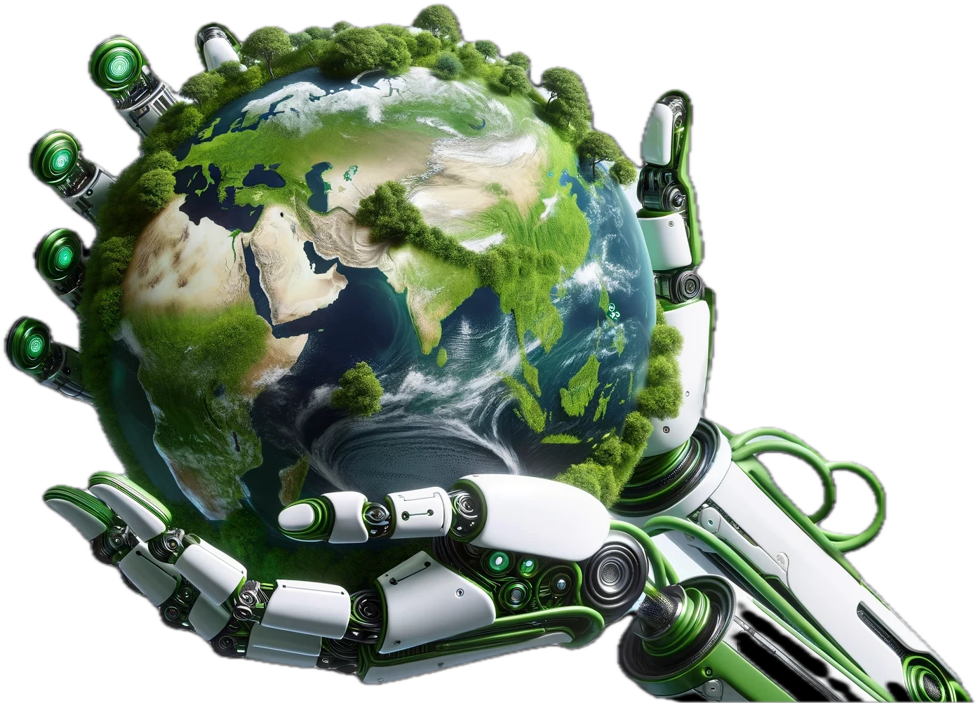 A robotic hand cradling Earth, with forests growing on its surface — illustrating CogniVend's climate programme.